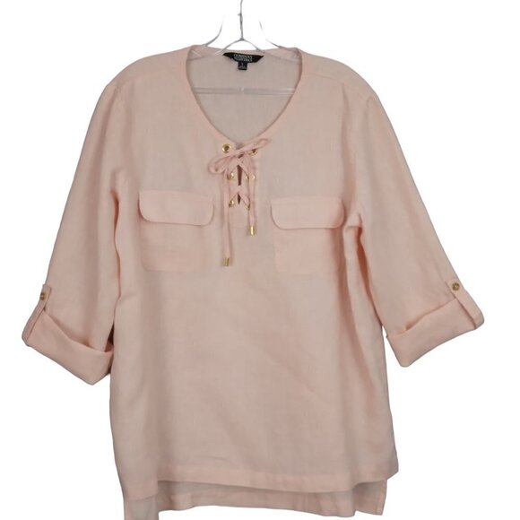 Ellen Tracy | Linen Lace Up Neck Top Blouse Pale Pink | Size L - Picture 1 of 8